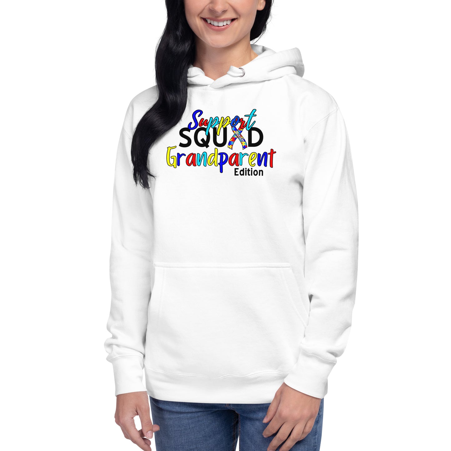 A woman wearing a black hoodie with a colorful text design on the front, stating 'Autism Support Squad Grandparent' with an Autism ribbon.