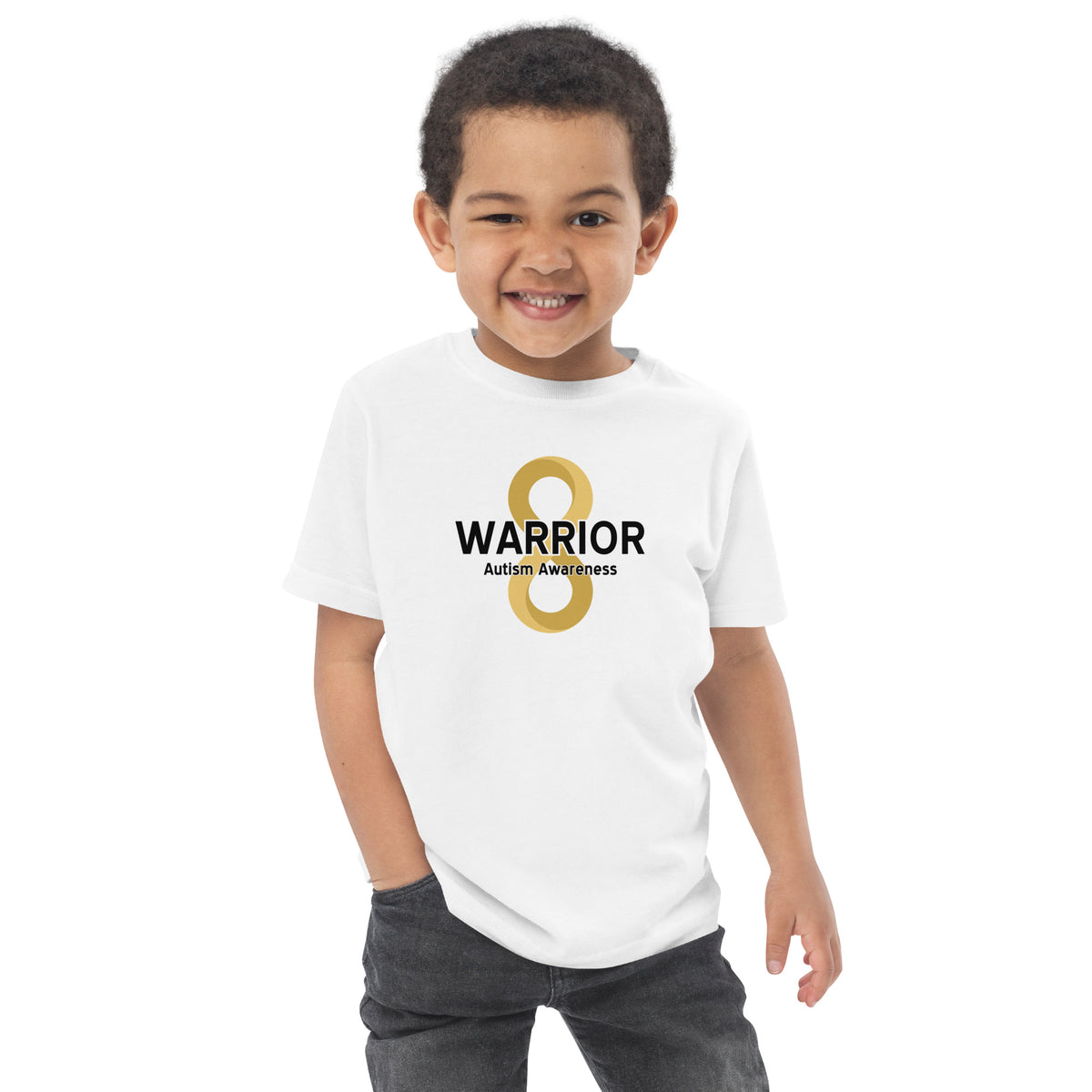 Young Child wearing a white t-shirt with a large graphic autism neurodiversity gold infinity symbol logo and text