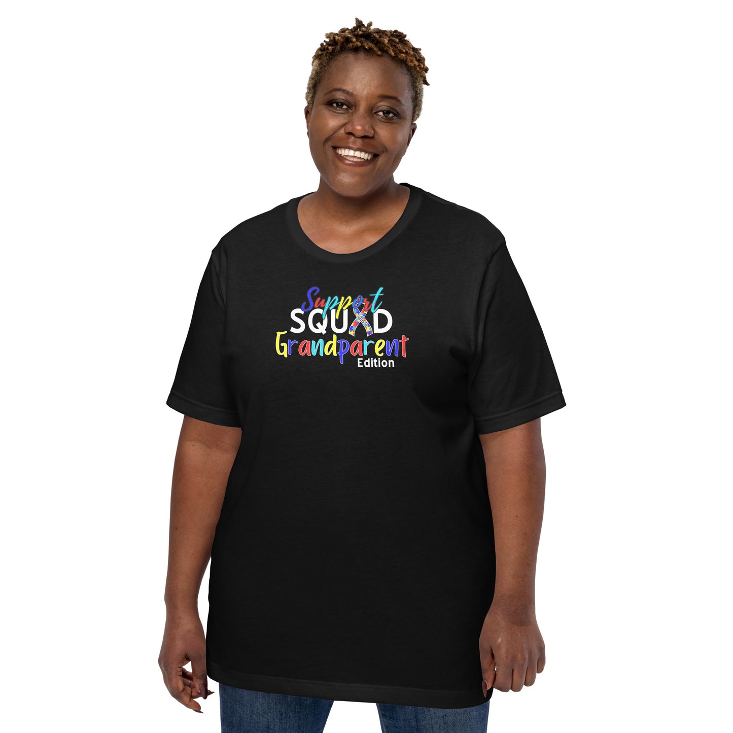 A person wearing a black short-sleeved t-shirt with the text 'Autism Support Squad Grandparent Edition' printed on the front.