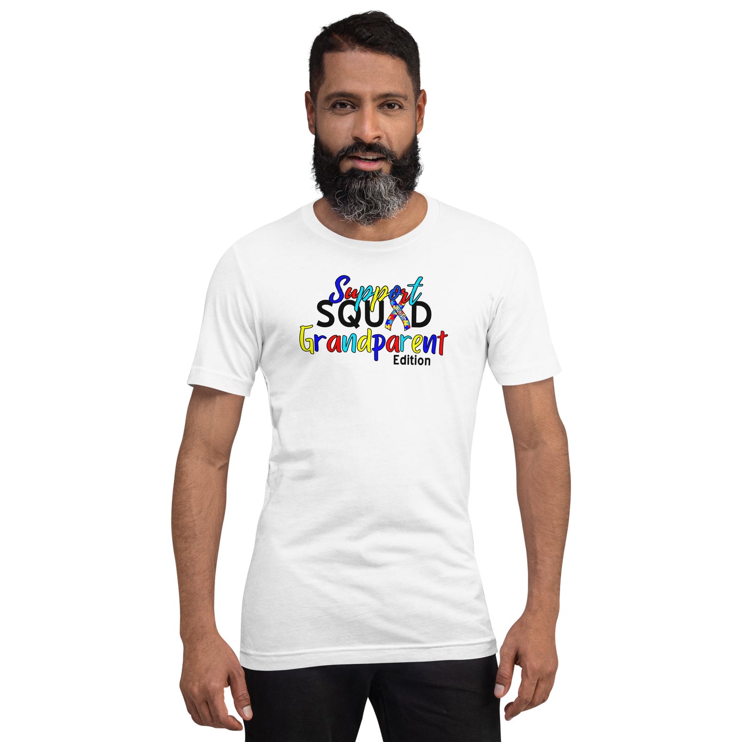 A person wearing a white short-sleeved t-shirt with the text 'Autism Support Squad Grandparent Edition' printed on the front.