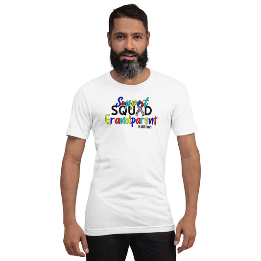 A person wearing a white short-sleeved t-shirt with the text 'Autism Support Squad Grandparent Edition' printed on the front.