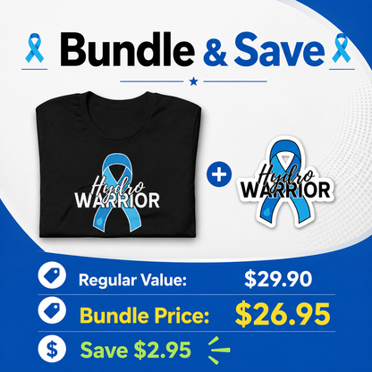 A promotional bundle graphic for a black T-shirt and a matching die-cut sticker, both featuring a blue awareness ribbon and the words 'Hydro Warrior.' The design includes large text reading 'Bundle & Save' and pricing information below on a blue and white background.