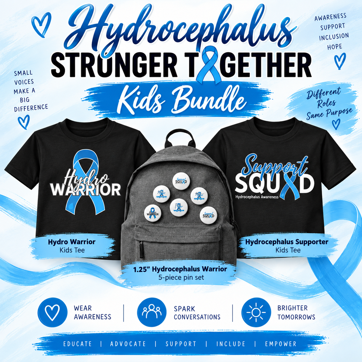 Hydrocephalus Stranger Together Kids Bundle graphic showing three merchandise items: a black 'Hydro Warrior' kids tee, a black 'Support Squad' kids tee, and a gray backpack with five hydrocephalus warrior pin-back buttons. The image features blue awareness ribbons, text overlays, and icons on a white background.