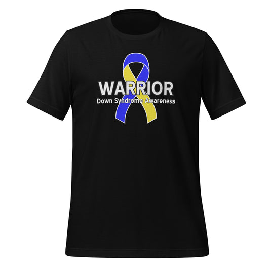 Black t-shirt with a blue and yellow down syndrome awareness ribbon on the front and the text 'WARRIOR DOWN SYNDROME AWARENESS'.