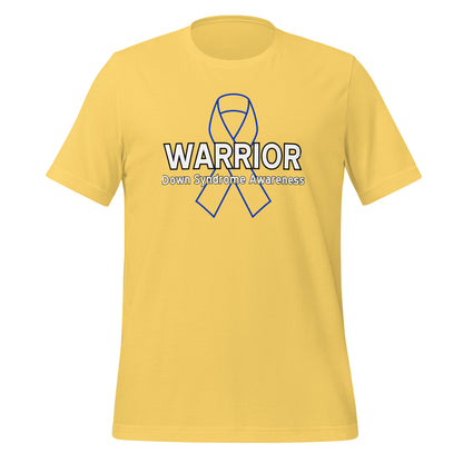 Yellow t-shirt with a blue outline of an awareness ribbon on the front and white text that reads 'WARRIOR DOWN SYNDROME AWARENESS'.