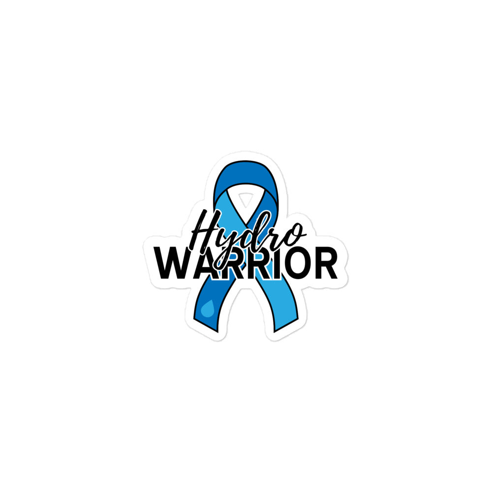 A die-cut sticker featuring a blue awareness ribbon with the words 'Hydro WARRIOR' printed across it, shown on a plain white background.