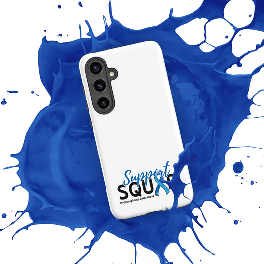 A white phone case with a blue Hydrocephalus Awareness ribbon and large 'Support Squad' text, with smaller text underneath it that reads 'Hydrocephalus Awareness'. image shown from the back against a white background with a large blue paint splash behind it.