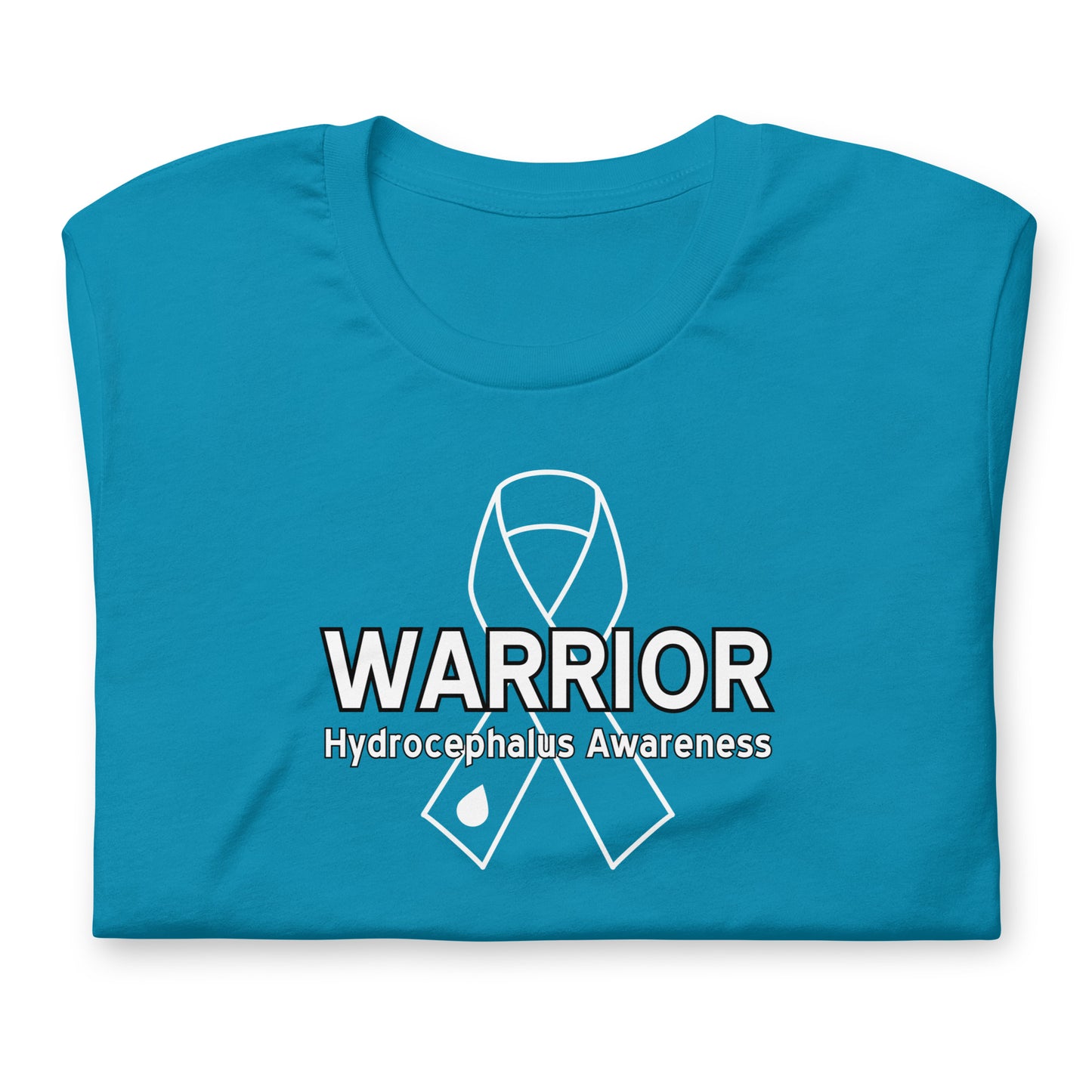 A folded aqua blue t-shirt with a white graphic print featuring a ribbon and the text 'WARRIOR Hydrocephalus Awareness'.
