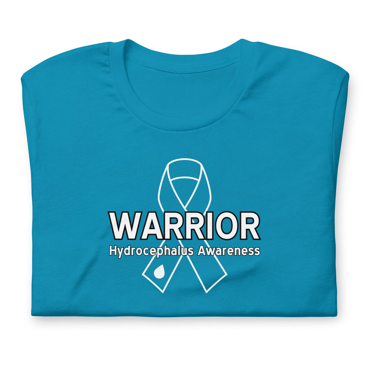 A folded aqua blue t-shirt with a white graphic print featuring a ribbon and the text 'WARRIOR Hydrocephalus Awareness'.