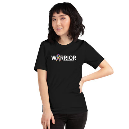 A person wearing a black t-shirt with the text 'WARRIOR' printed on the front. Autism awareness graphic tee