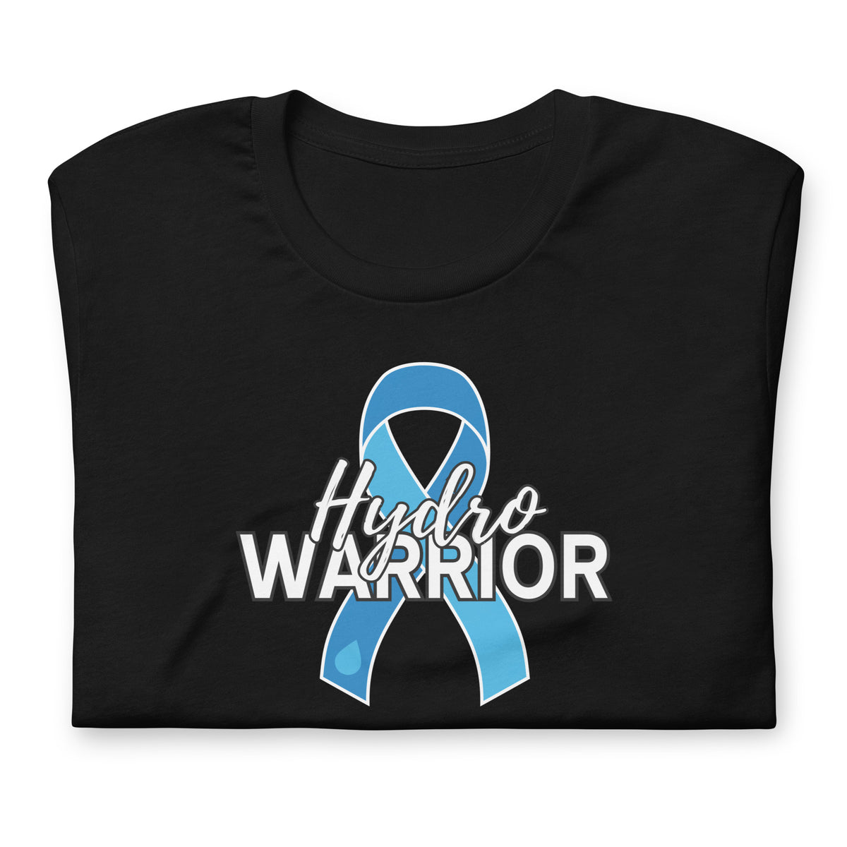A folded black t-shirt featuring a light blue awareness ribbon graphic with the words 'Hydro WARRIOR' printed in white and light blue across the front, set against a plain white background.