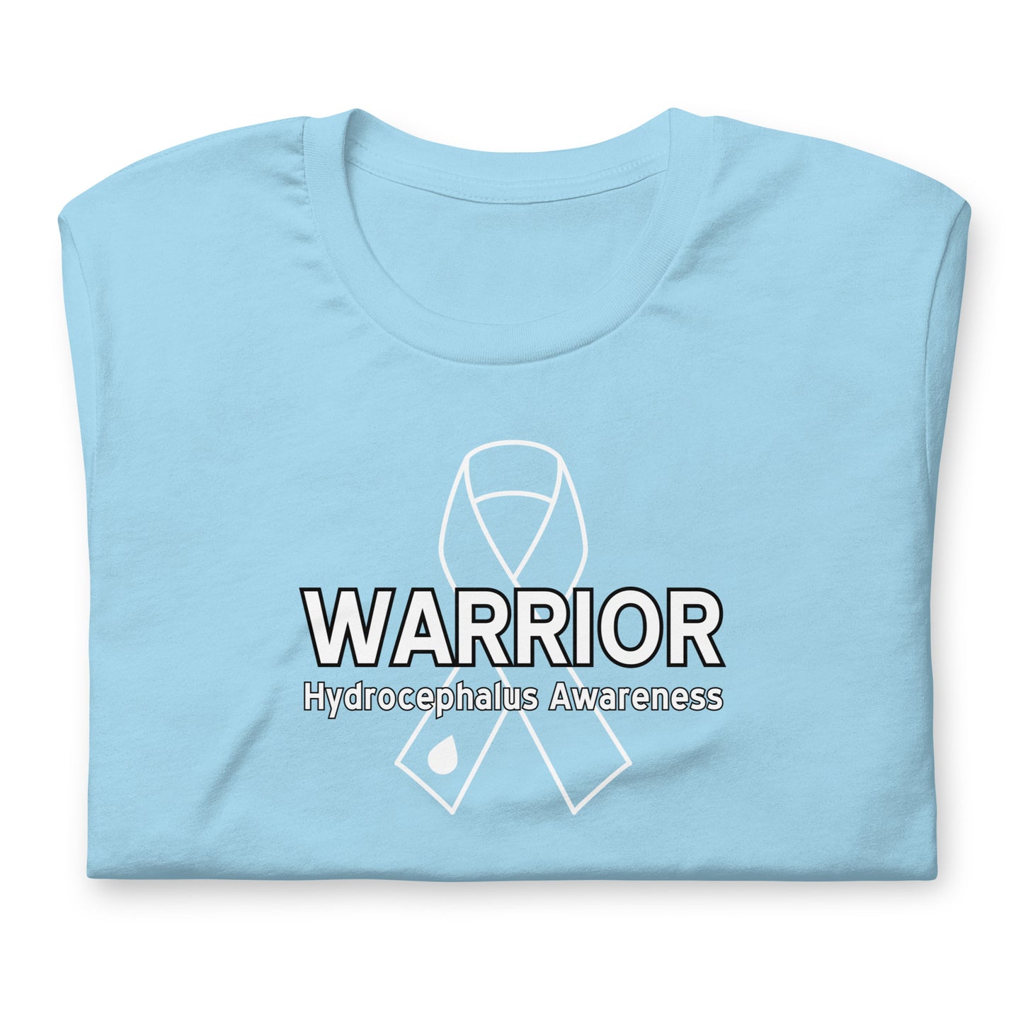 A ocean blue folded t-shirt featuring a white graphic of a ribbon with a small teardrop and the text 'WARRIOR Hydrocephalus Awareness' printed on the front, set against a plain white background.