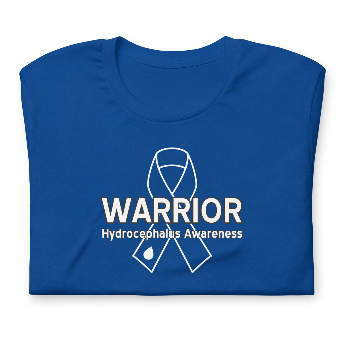 A folded royal blue t-shirt with a white graphic print featuring a hydrocephalus awareness ribbon and the text 'WARRIOR Hydrocephalus Awareness'.