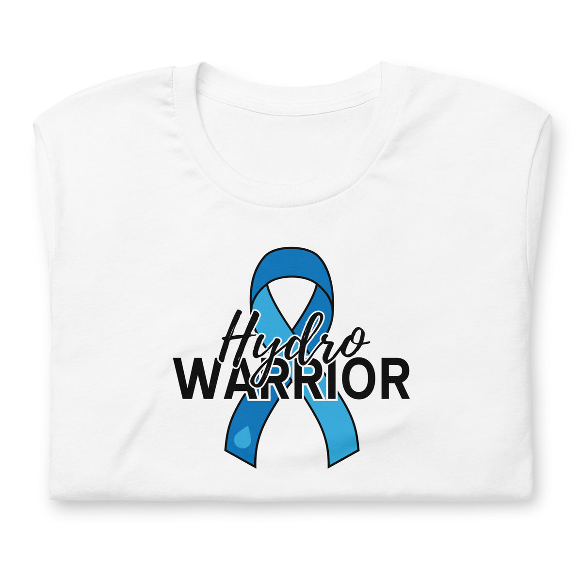 A folded white short-sleeve T-shirt on a plain white background, featuring a blue awareness ribbon graphic and the words 'Hydro WARRIOR' printed on the front.